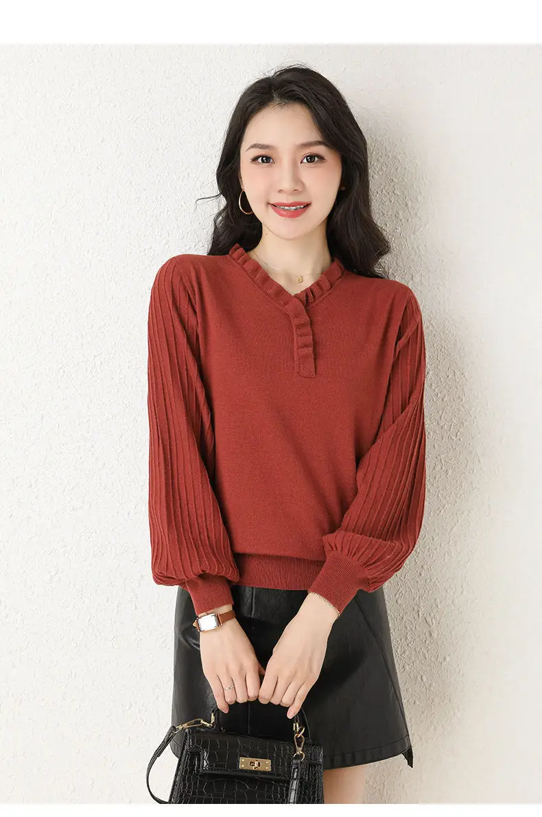Women's Red V-Neck Knitted Sweater Autumn 2022 — feature 19