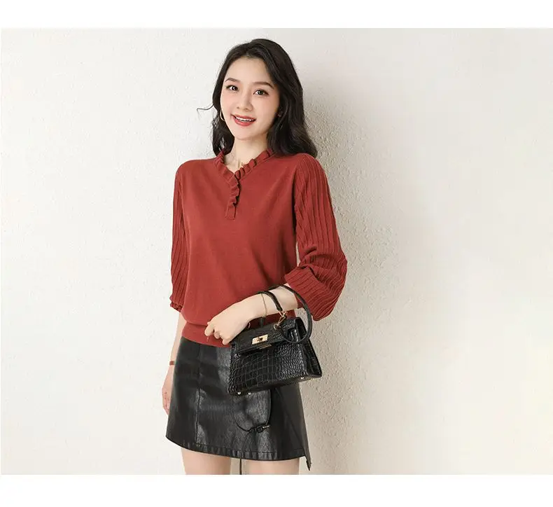 Women's Red V-Neck Knitted Sweater Autumn 2022 — feature 22