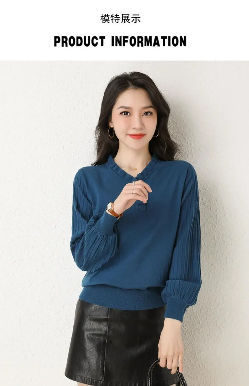 Women's Red V-Neck Knitted Sweater Autumn 2022 — feature 6
