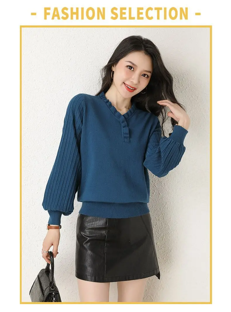 Women's Red V-Neck Knitted Sweater Autumn 2022 — feature 8