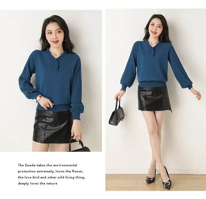 Women's Red V-Neck Knitted Sweater Autumn 2022 — feature 9