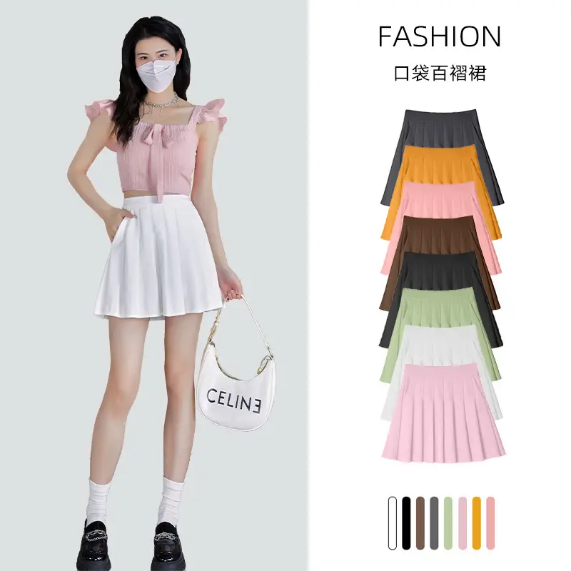 Pink Pleated Skirt High Waist Elastic A-Line Women Summer 2022 - Image 86