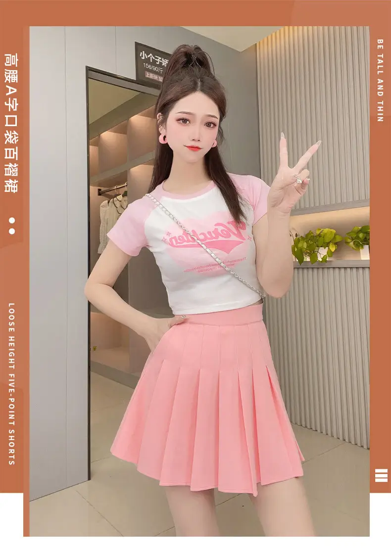 Pink Pleated Skirt High Waist Elastic A-Line Women Summer 2022 — feature 2