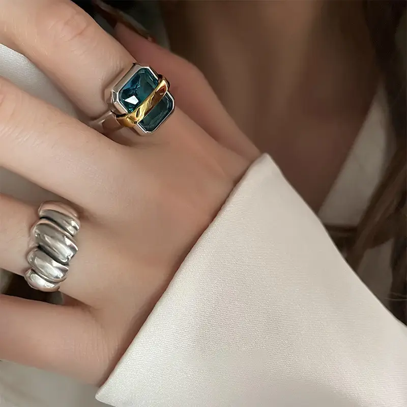 925 Sterling Silver Retro Square Blue Diamond Ring