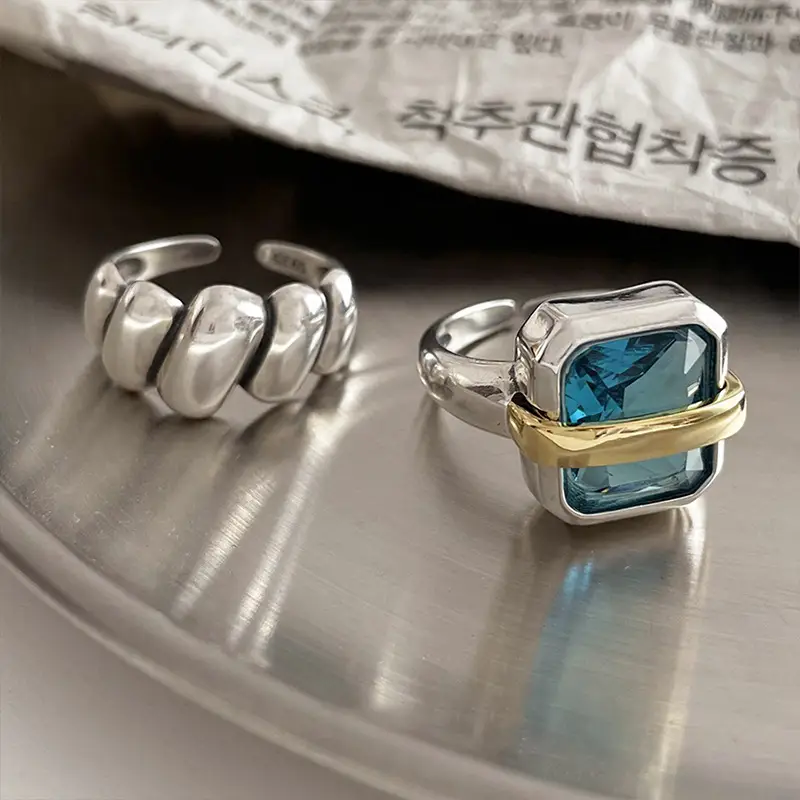 925 Sterling Silver Retro Square Blue Diamond Ring
