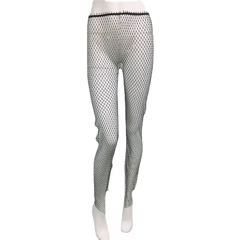 Women's Rhinestone Fishing Net Pants Split Stretch Black