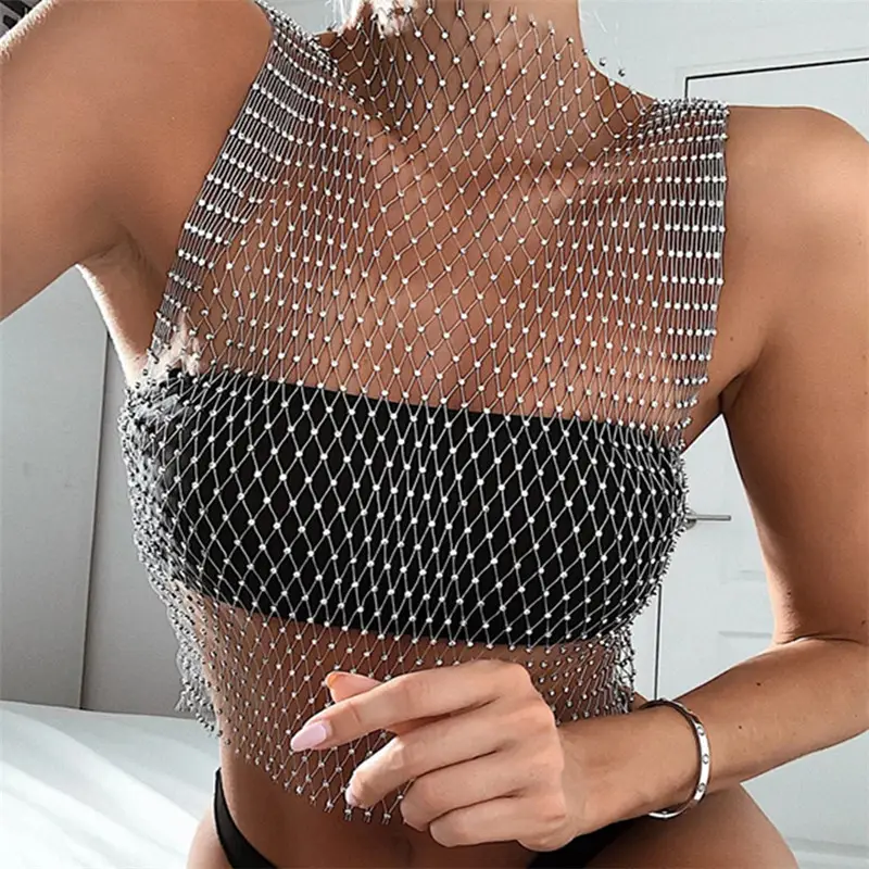Women's Rhinestone Fishing Net Pants Split Stretch Black — feature 2