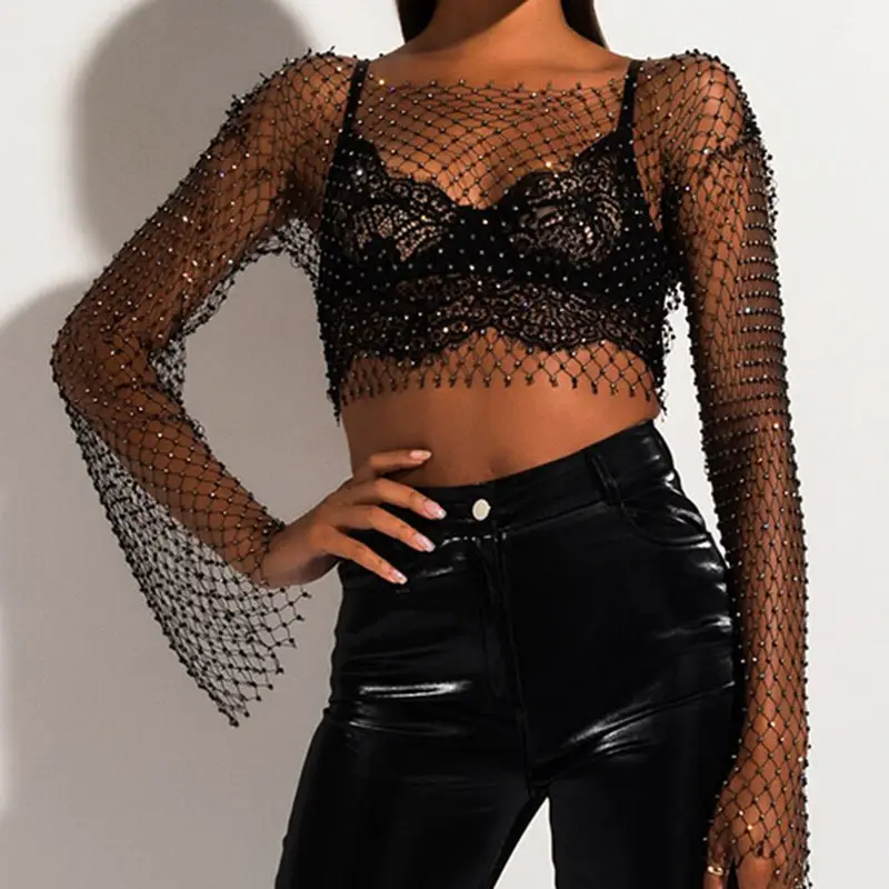 Women's Rhinestone Fishing Net Pants Split Stretch Black — feature 3