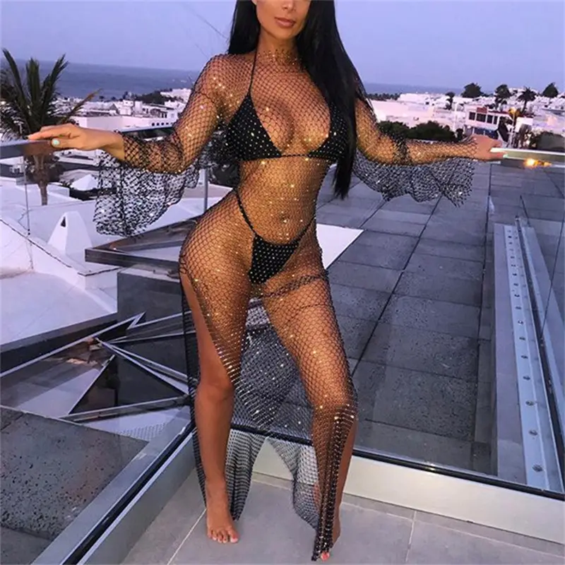 Women's Rhinestone Fishing Net Pants Split Stretch Black — feature 5