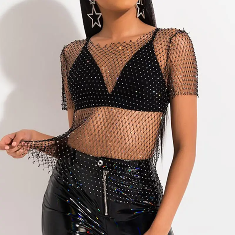 Women's Rhinestone Fishing Net Pants Split Stretch Black — feature 6