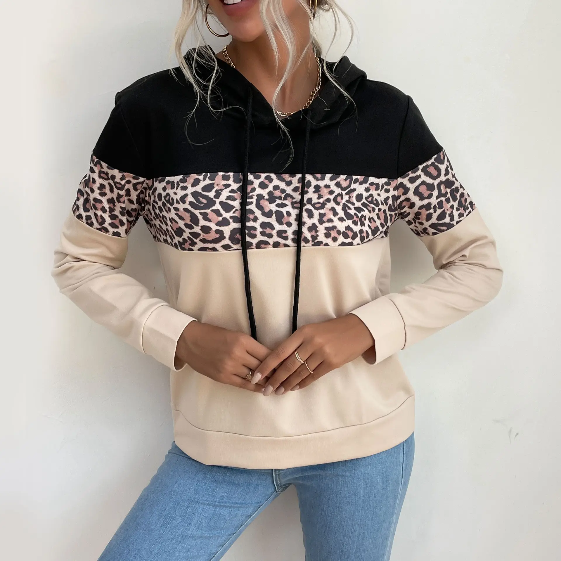 Women's Black Beige Leopard Print Hoodie 2024 - Image 2