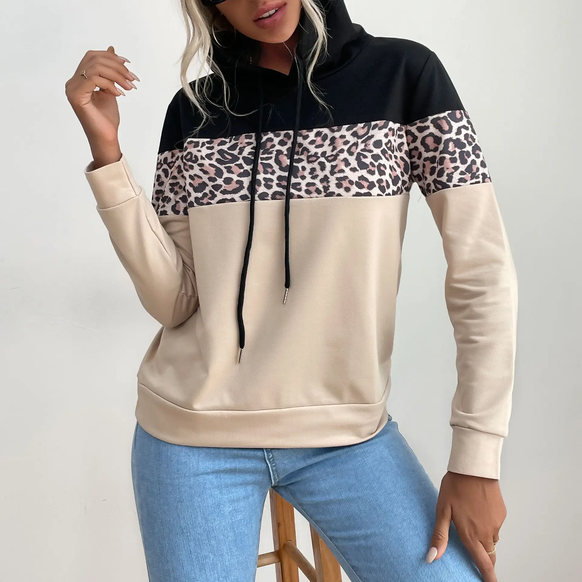 Women's Black Beige Leopard Print Hoodie 2024 - Image 3