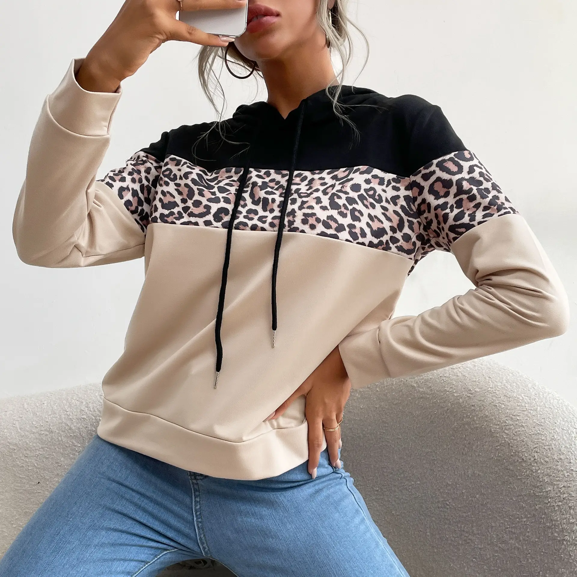 Women's Black Beige Leopard Print Hoodie 2024 - Image 4