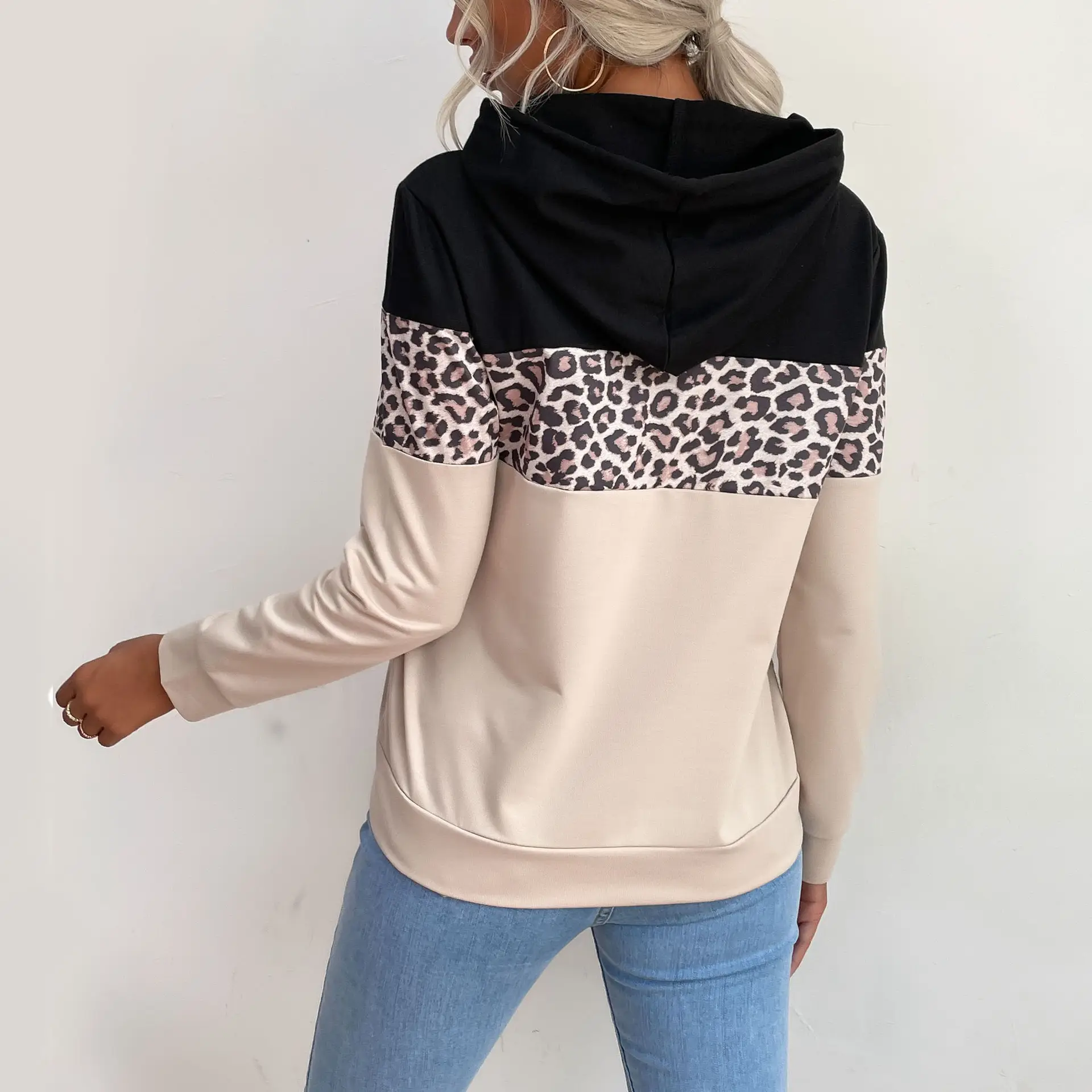 Women's Black Beige Leopard Print Hoodie 2024 - Image 5