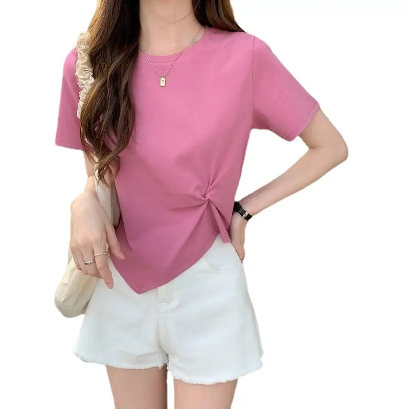 Women Asymmetrical Tie-Top T-Shirt White Denim Shorts - Image 25