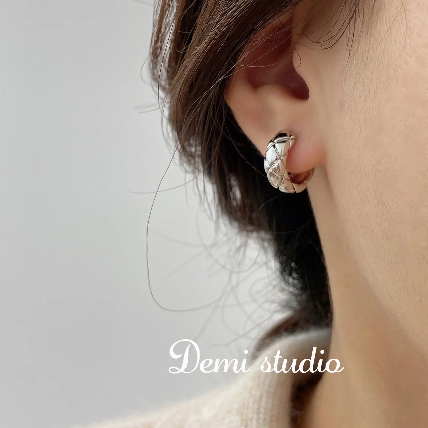 Diamond Plaid Earrings Small Gold Silver Ring - Image 4