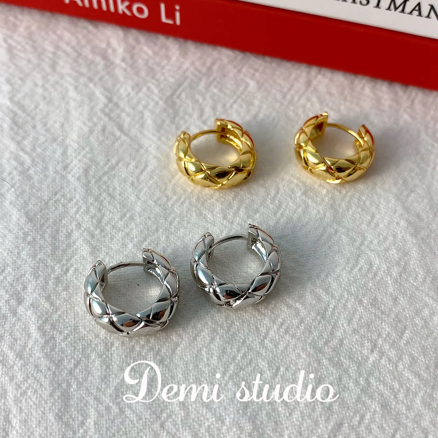 Diamond Plaid Earrings Small Gold Silver Ring - Image 6