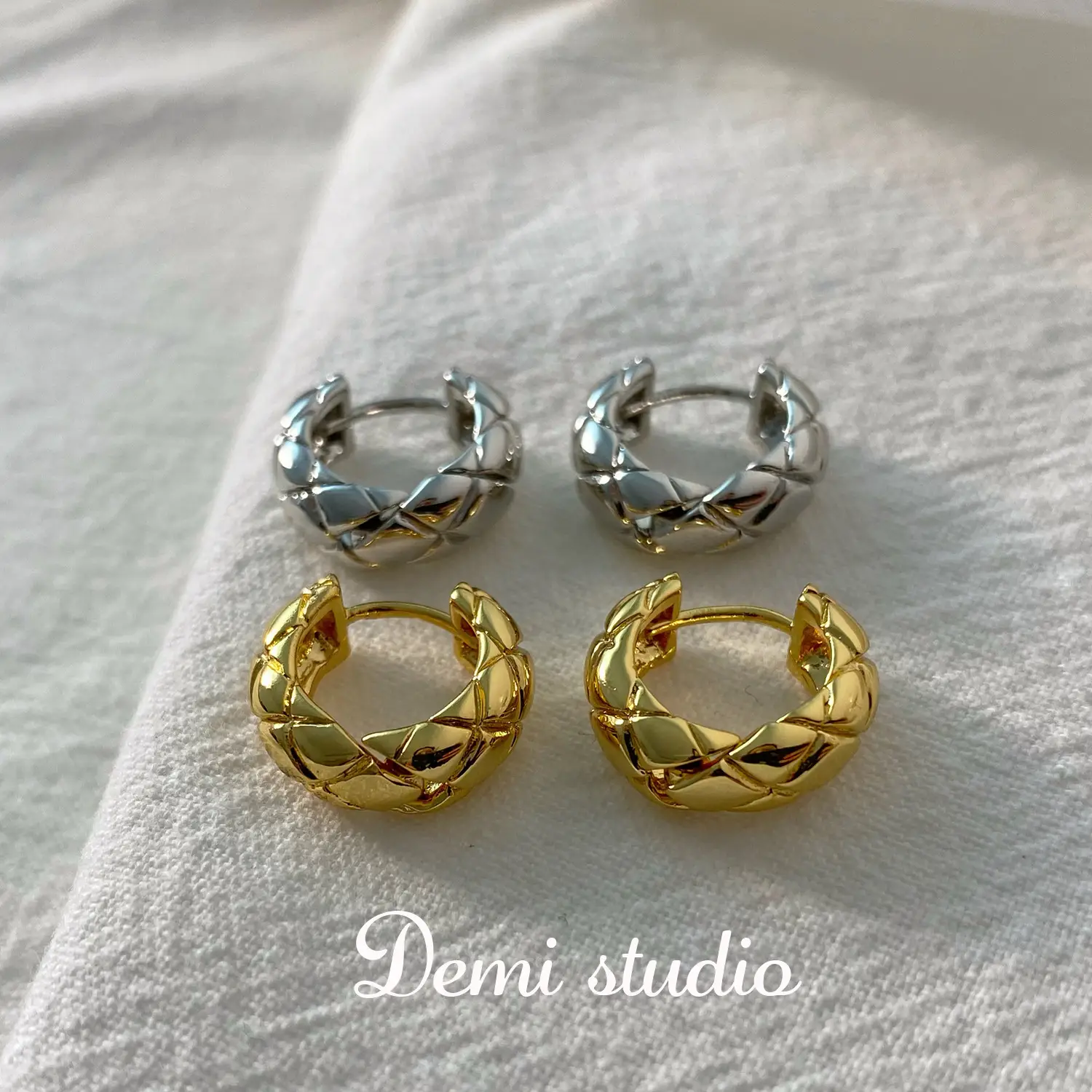 Diamond Plaid Earrings Small Gold Silver Ring — feature 1