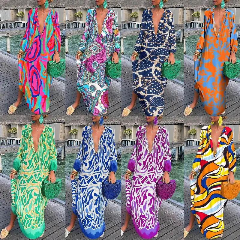 Women Printed V Neck Long Sleeve Long Skirt Set