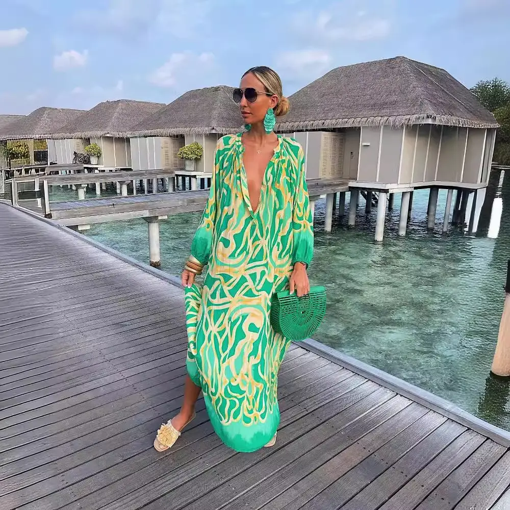 Women Printed V Neck Long Sleeve Long Skirt Set
