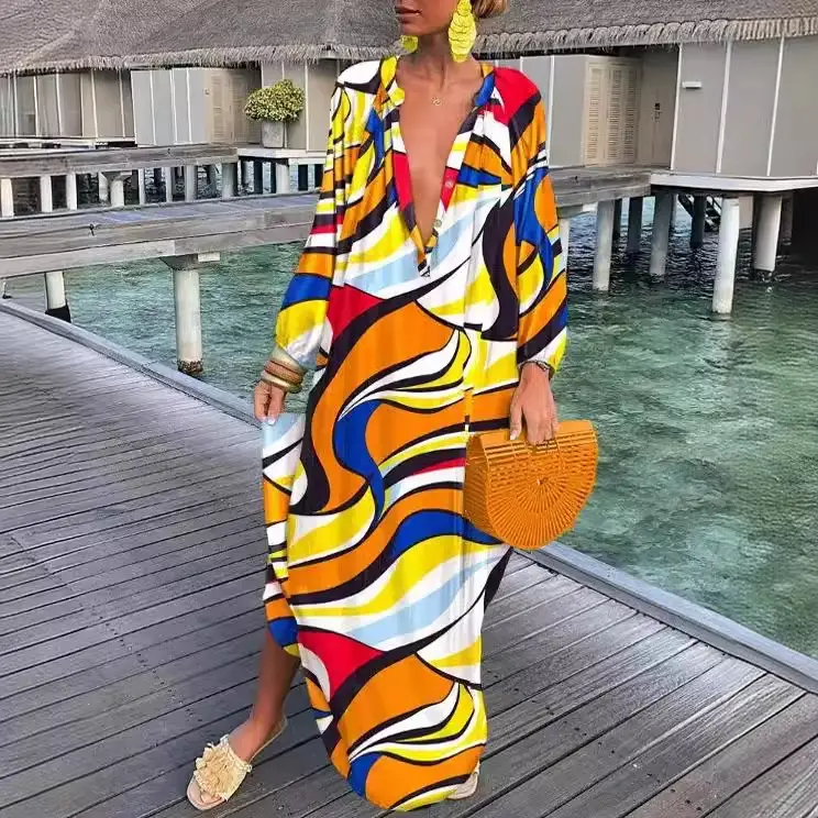 Women Printed V Neck Long Sleeve Long Skirt Set