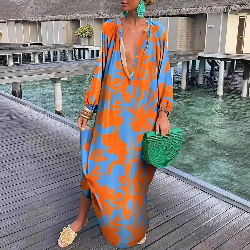 Women Printed V Neck Long Sleeve Long Skirt Set