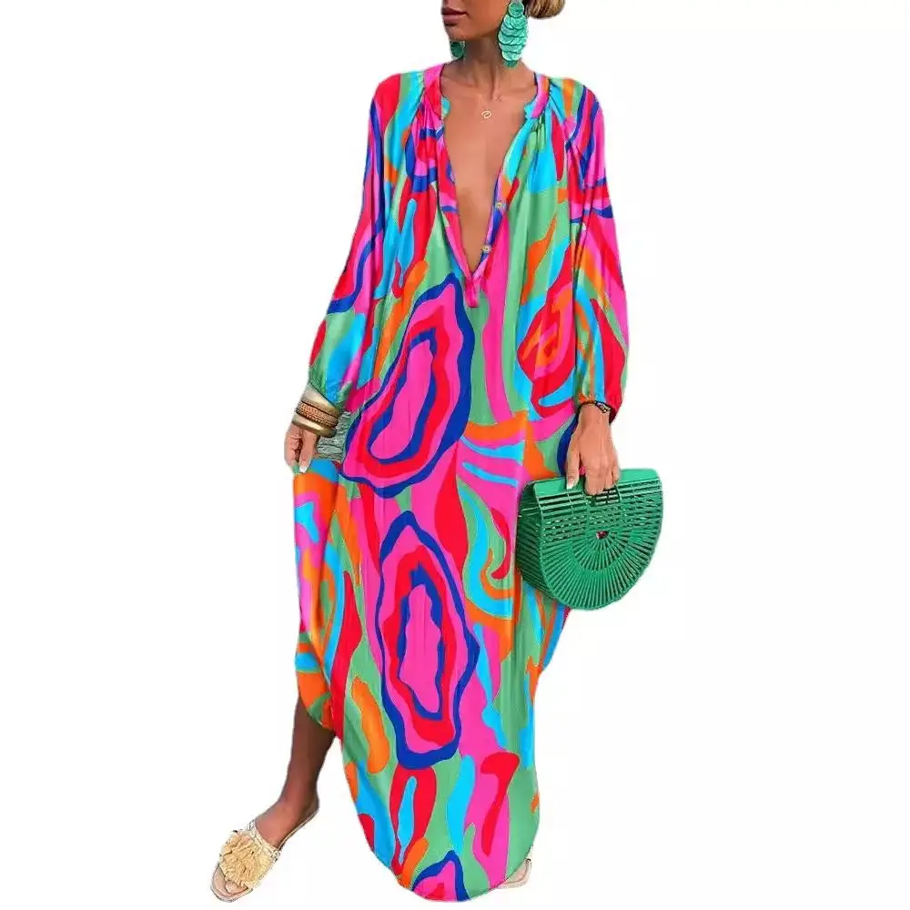 Women Printed V Neck Long Sleeve Long Skirt Set