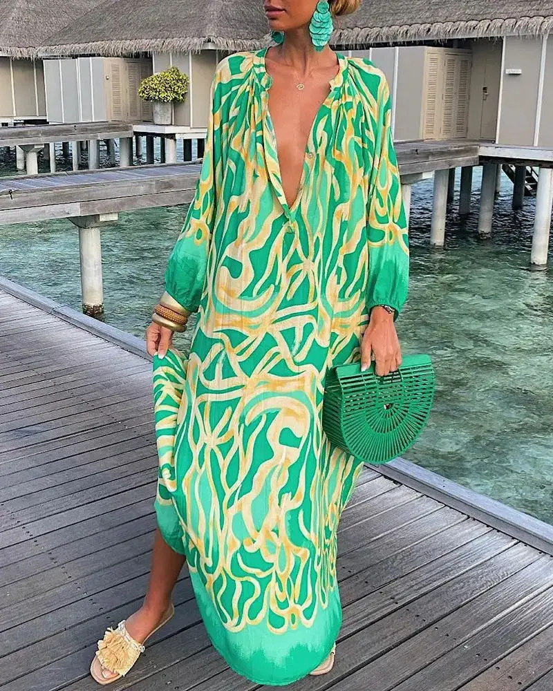 Women Printed V Neck Long Sleeve Long Skirt Set — feature 11