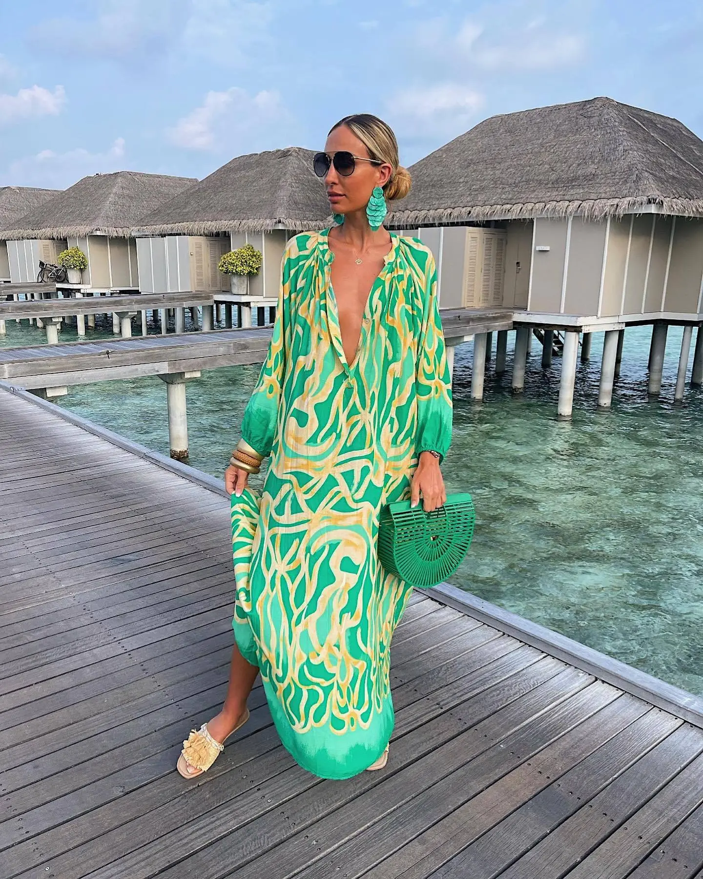 Women Printed V Neck Long Sleeve Long Skirt Set — feature 12