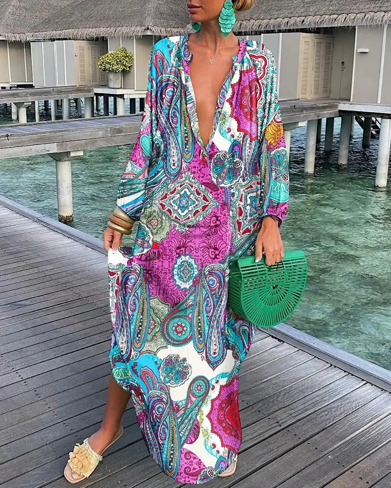 Women Printed V Neck Long Sleeve Long Skirt Set — feature 7