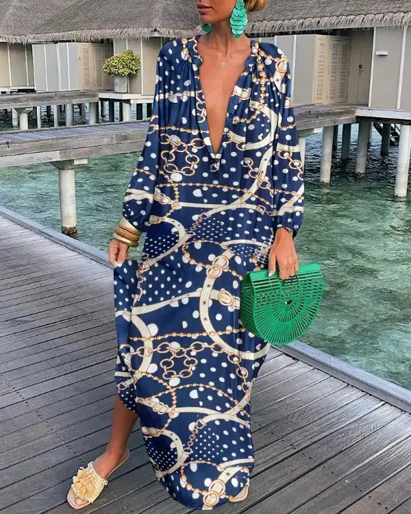 Women Printed V Neck Long Sleeve Long Skirt Set — feature 8