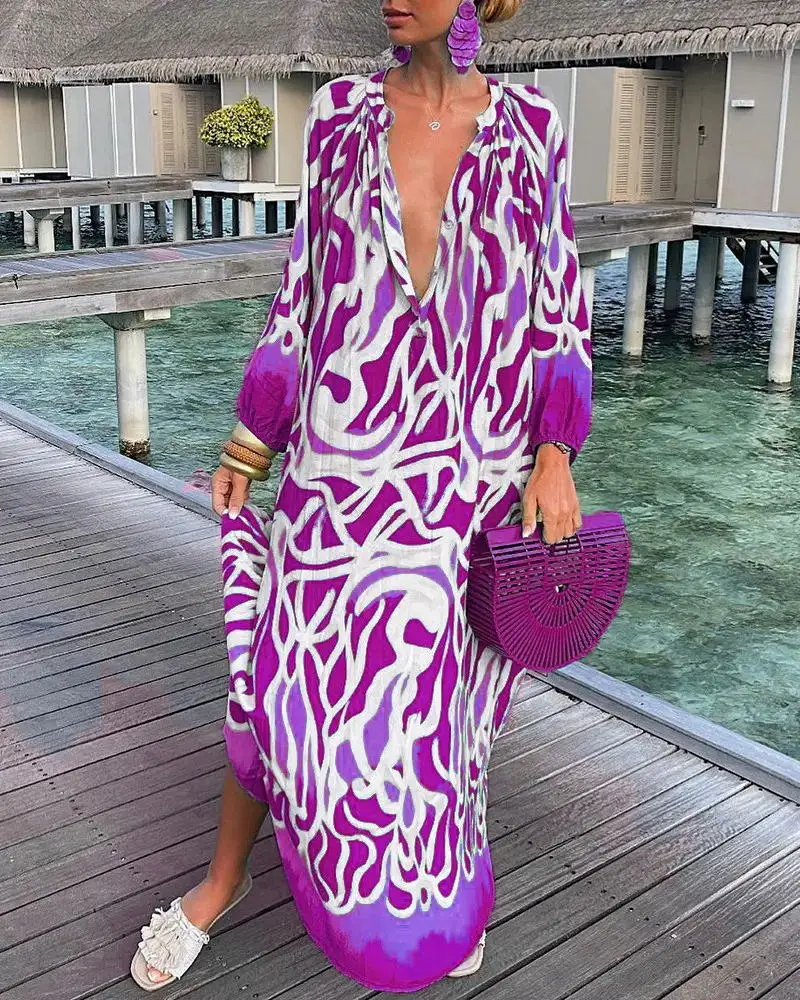 Women Printed V Neck Long Sleeve Long Skirt Set — feature 9