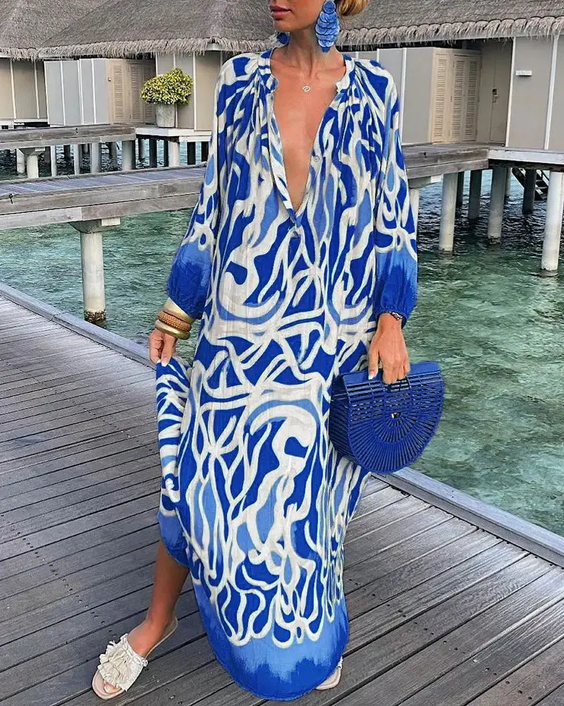 Women Printed V Neck Long Sleeve Long Skirt Set