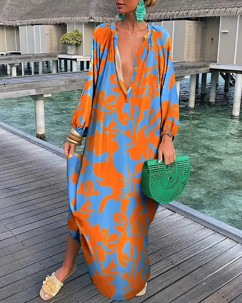 Women Printed V Neck Long Sleeve Long Skirt Set
