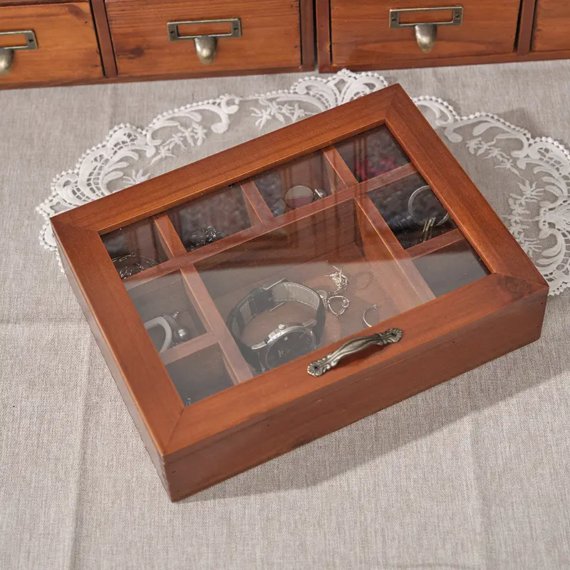 Antique Walnut 9-Grid Jewelry Box 19x18cm