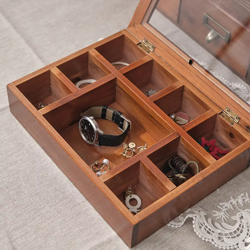 Antique Walnut 9-Grid Jewelry Box 19x18cm