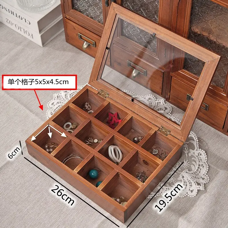 Antique Walnut 9-Grid Jewelry Box 19x18cm