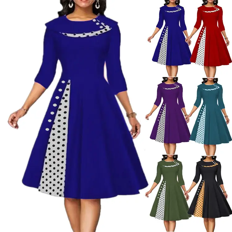 Women's 2023 Cross-Border Retro Polka Dot Skirt Dress Teal Large - Image 7
