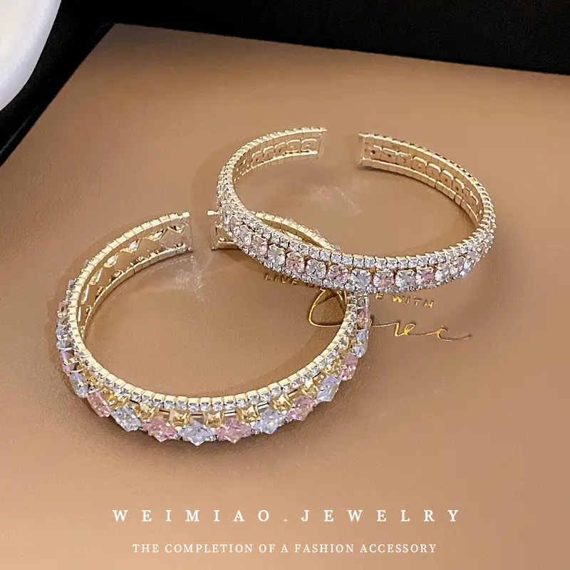 Diamond Encrusted Open Bracelet Gold Pink
