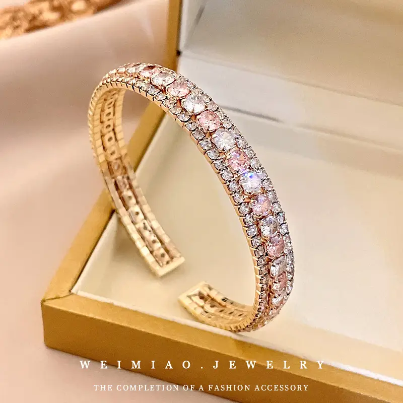 Diamond Encrusted Open Bracelet Gold Pink
