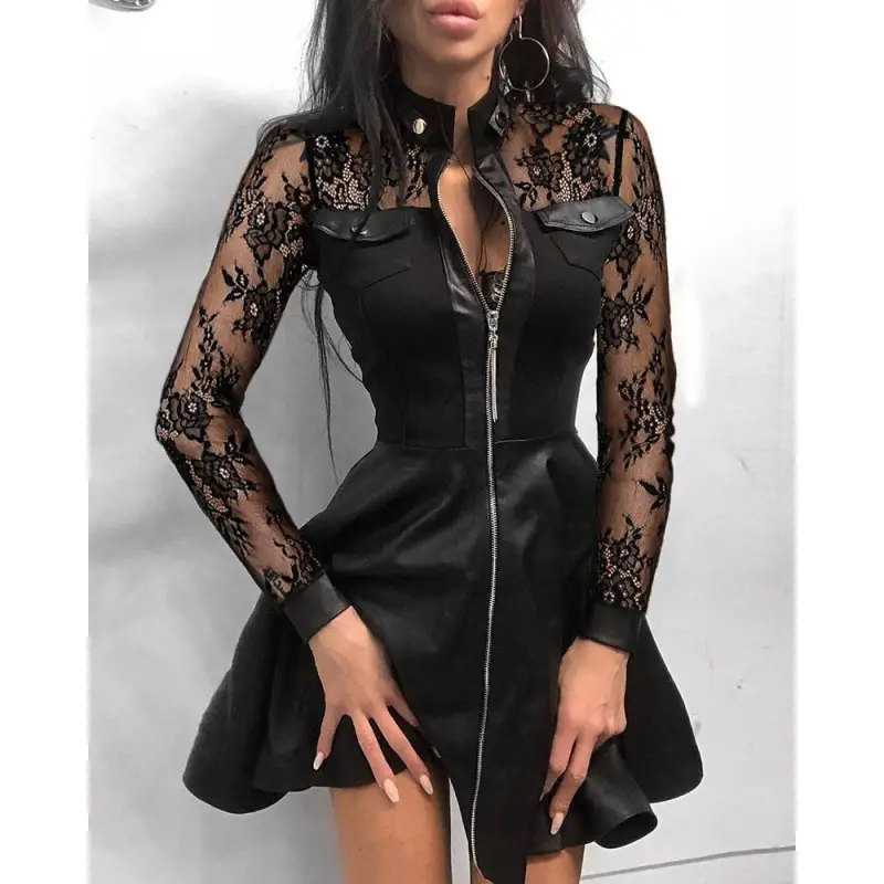 Black Pu Leather Zip Front Flared Dress for Women - Image 7