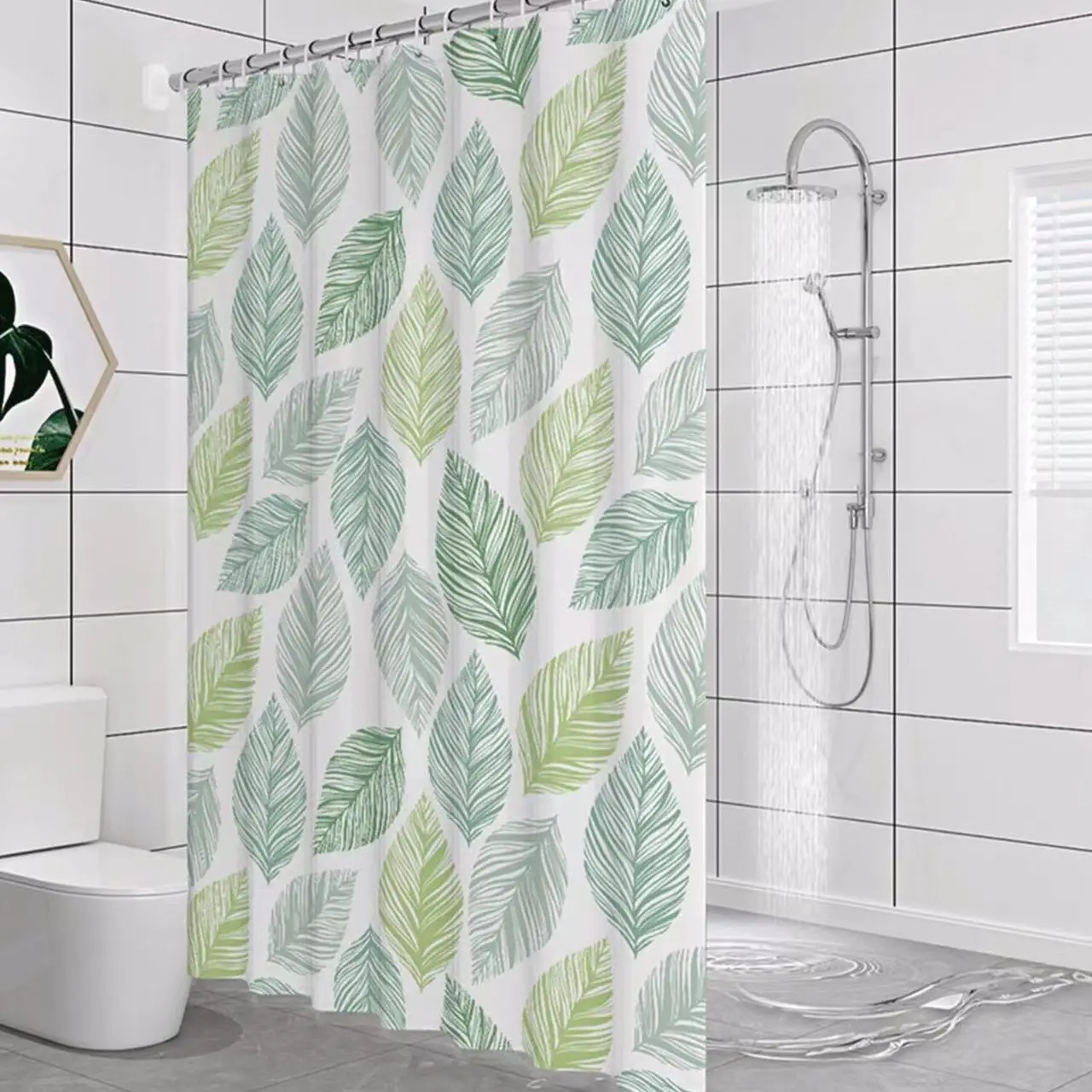 Waterproof Green Leaf Shower Curtain for Kids Bathroom