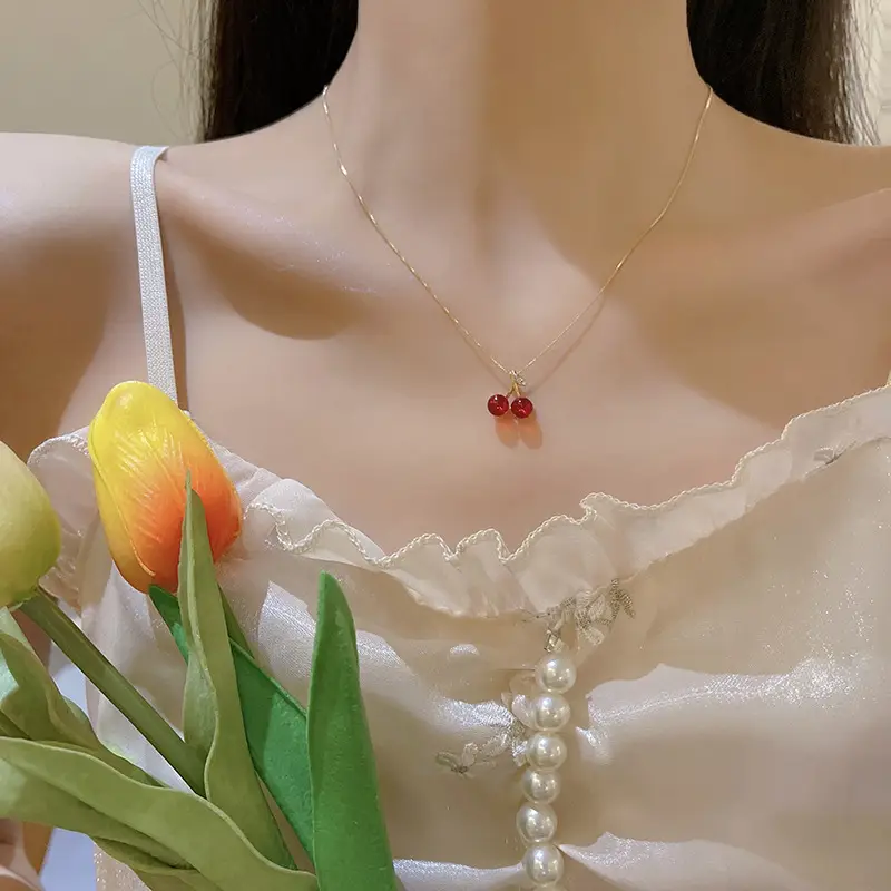 Red Cherry Clavicle Necklace for Women - Image 3