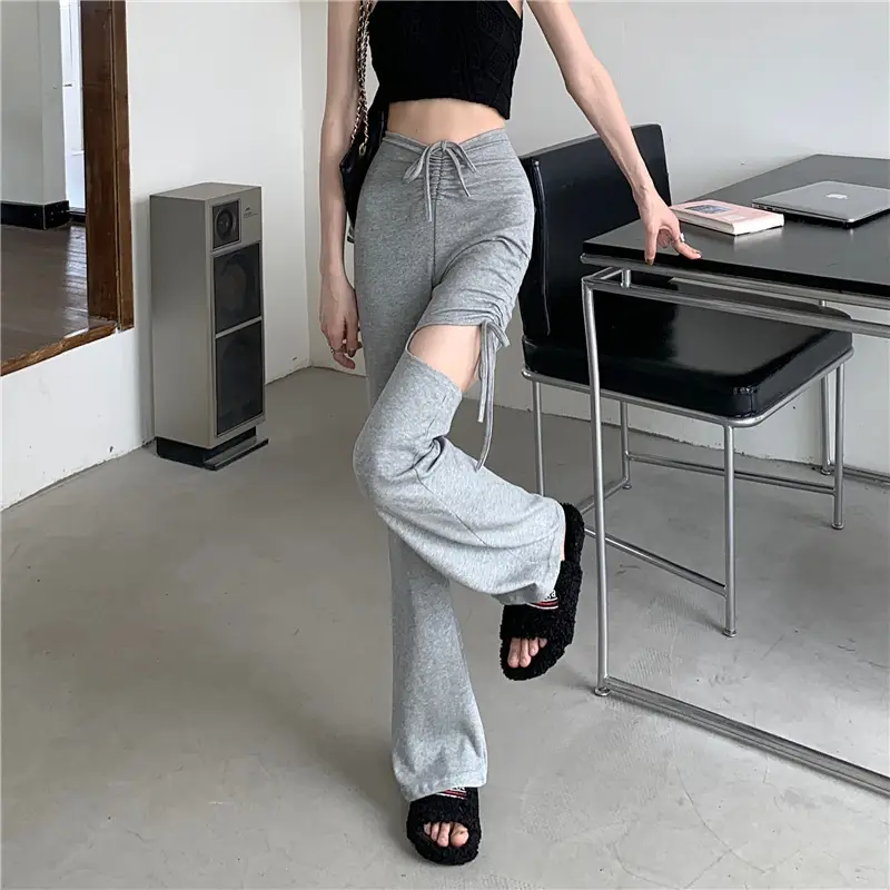 Grey Hole Drawstring Micro Pants for Women - Image 4