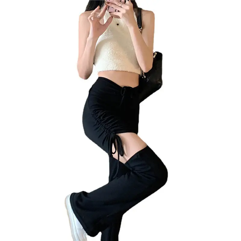 Grey Hole Drawstring Micro Pants for Women - Image 6