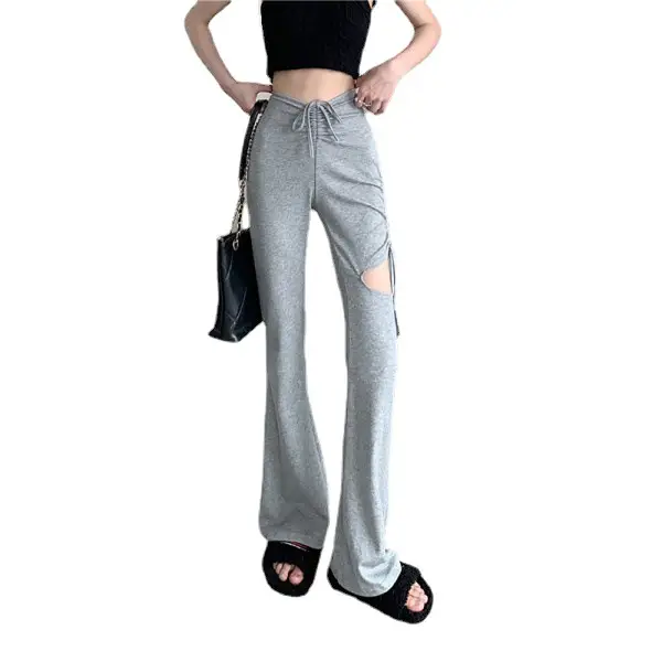 Grey Hole Drawstring Micro Pants for Women - Image 7