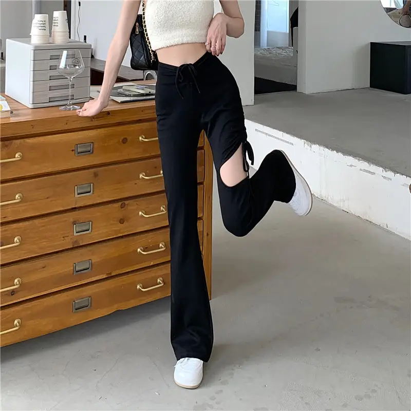 Grey Hole Drawstring Micro Pants for Women — feature 12