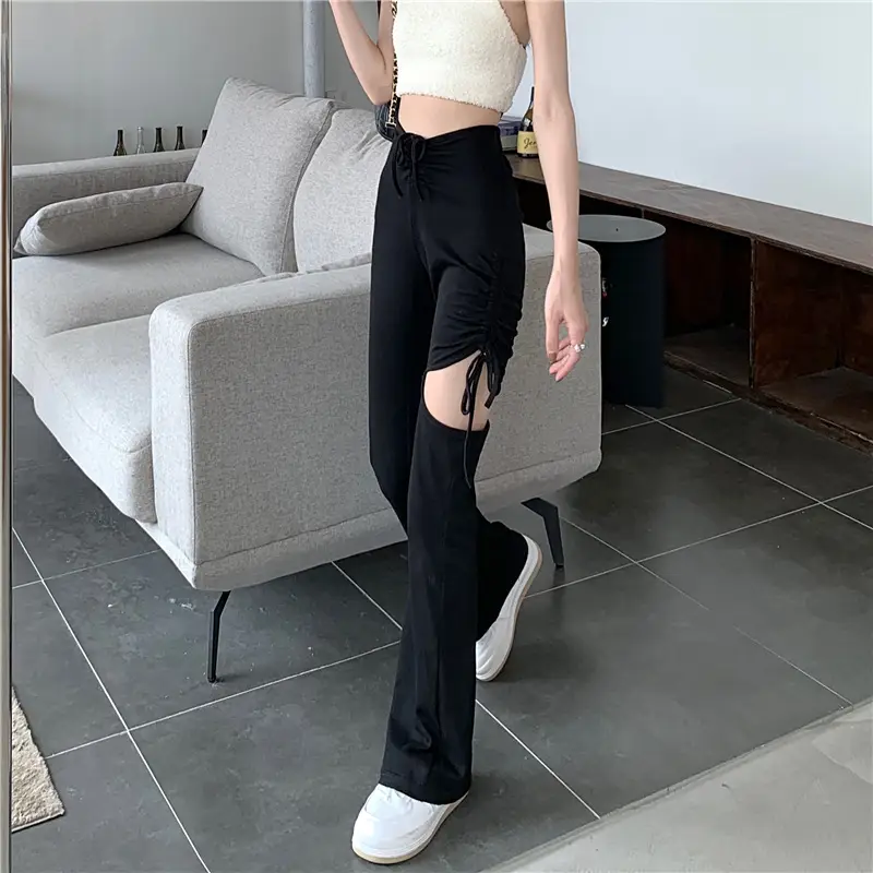 Grey Hole Drawstring Micro Pants for Women — feature 17