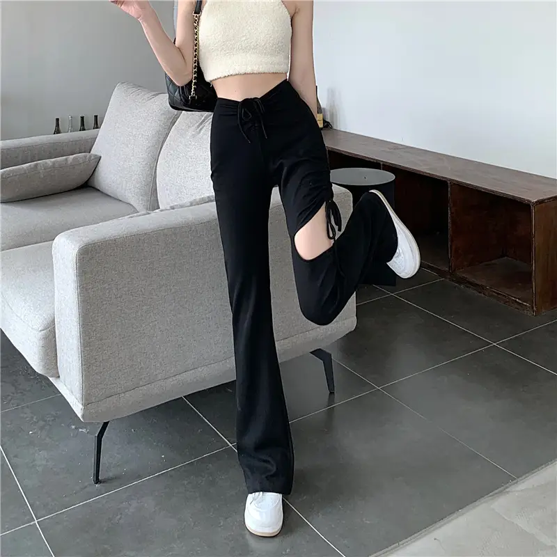 Grey Hole Drawstring Micro Pants for Women — feature 18