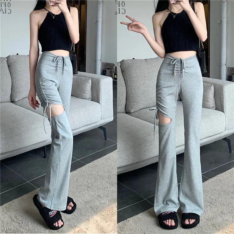 Grey Hole Drawstring Micro Pants for Women — feature 19